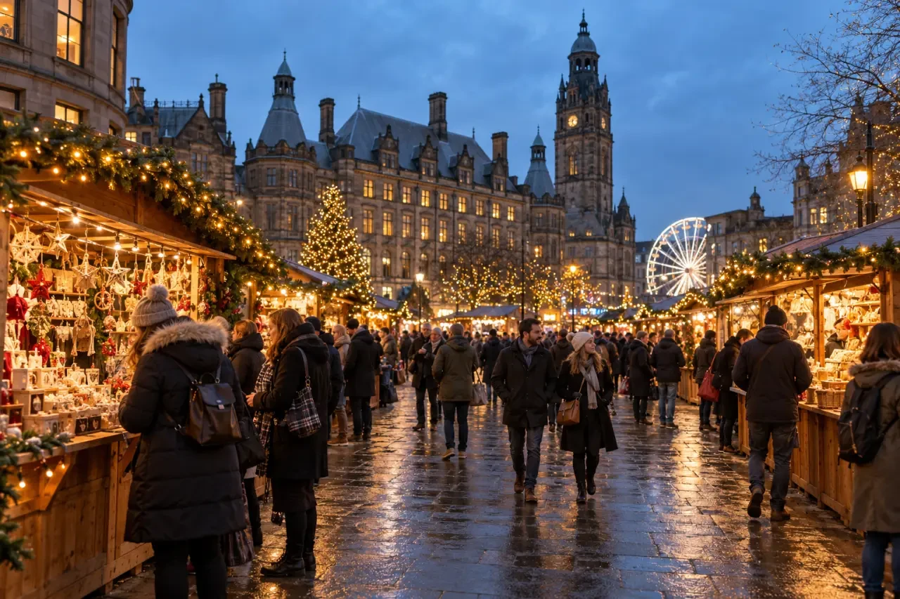 Sheffield Christmas Market stalls and festive lights in Sheffield city centre
