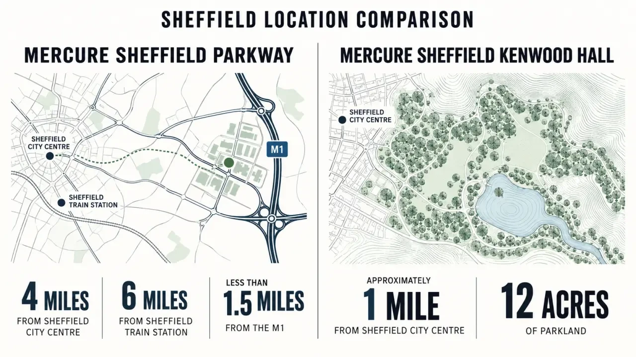 Mercure hotel Sheffield comparison showing Parkway and Kenwood Hall locations and key distances