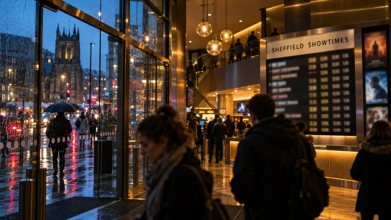 Odeon Sheffield multiplex lobby at dusk, cinema timetable board