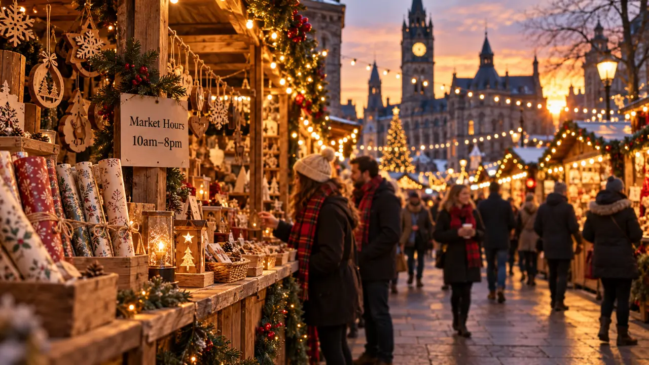 Sheffield Christmas Market gift cabins and evening lights at golden hour