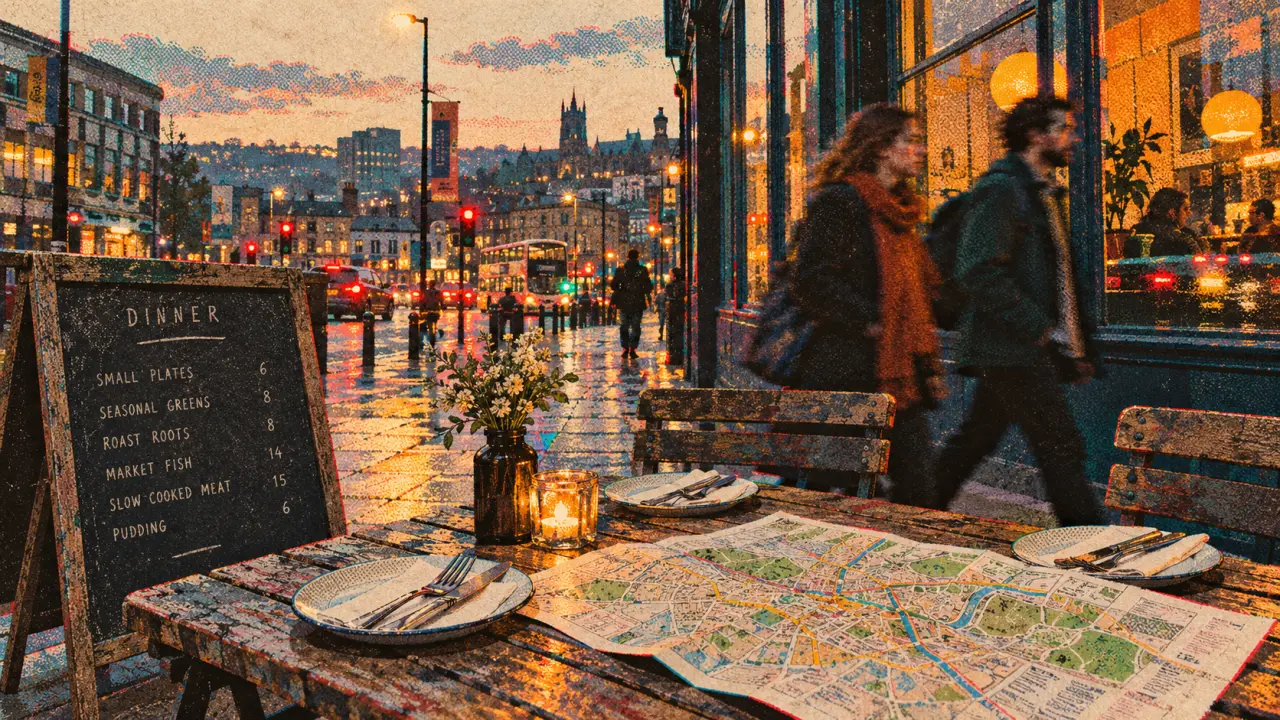 Sheffield England restaurants: quick meal on the street at dusk