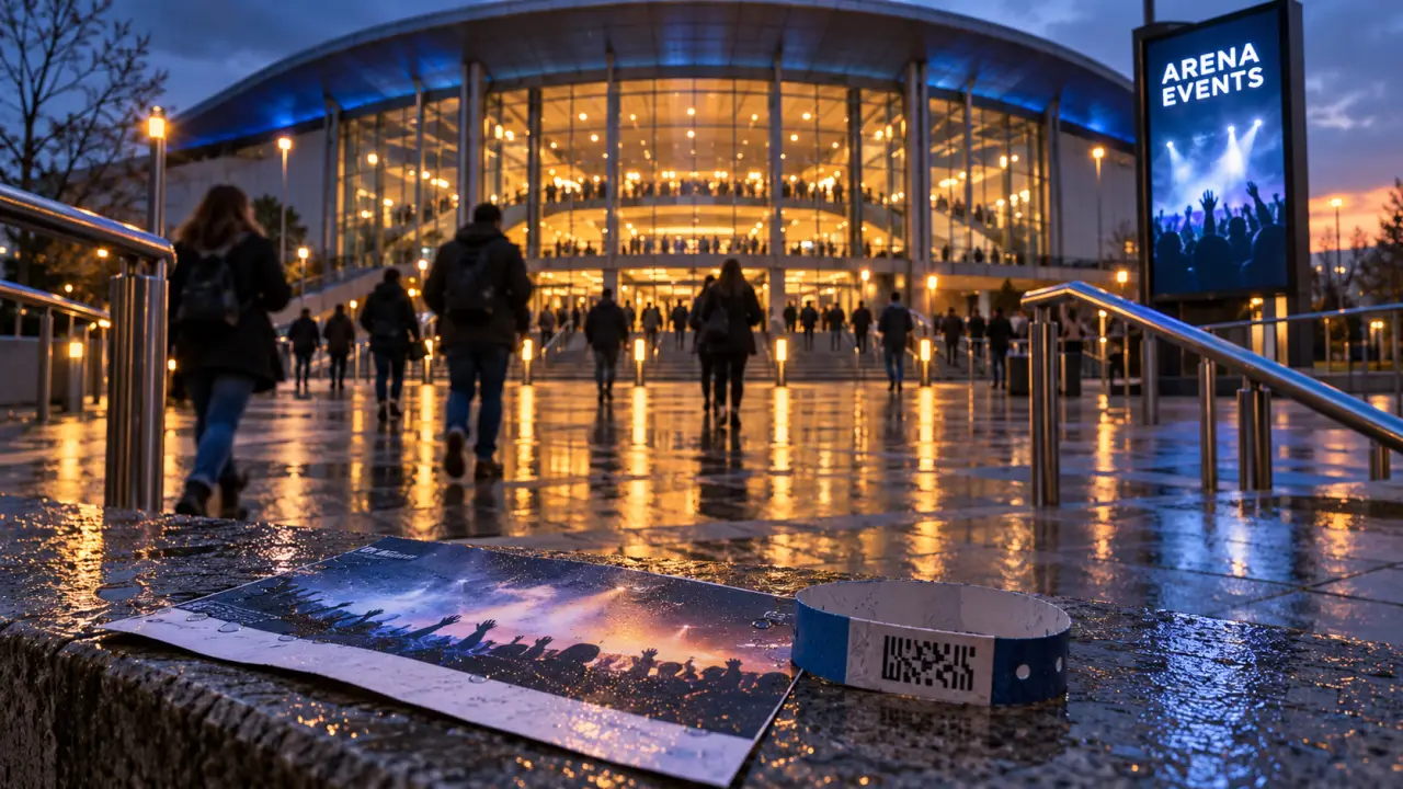 Utilita Arena Sheffield forecourt at dusk with event signage